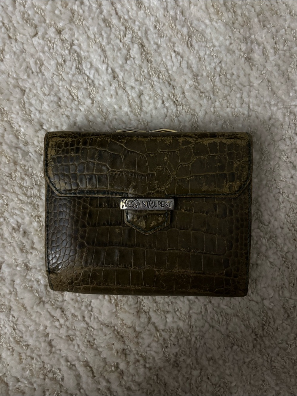 Yves Saint Laurent Olive Green Croc-Embossed Wallet with Silver Plaque